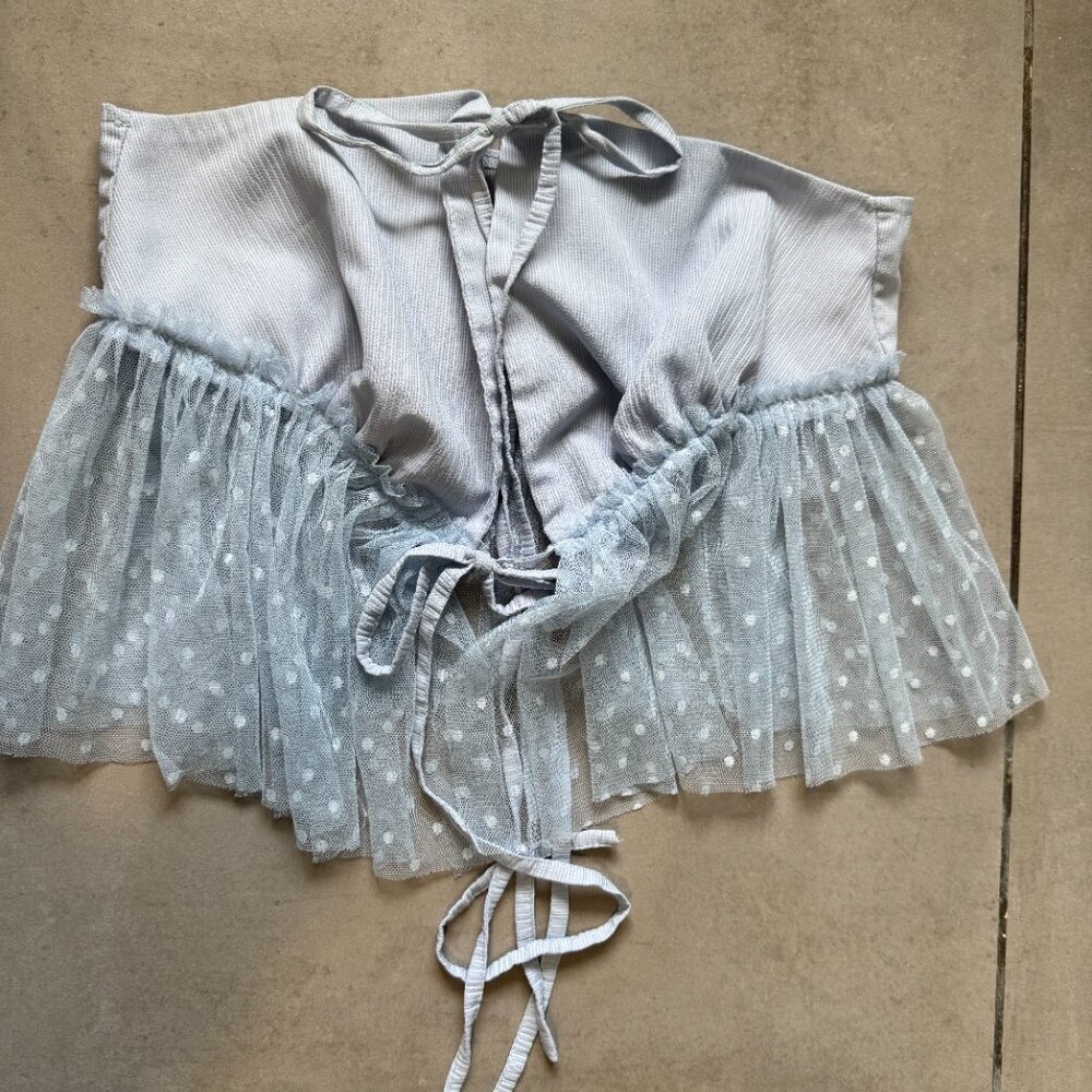 Shein Baby Blue Tulle Polka Dot Tie Front Peplum Top Size S - Picture 2 of 6